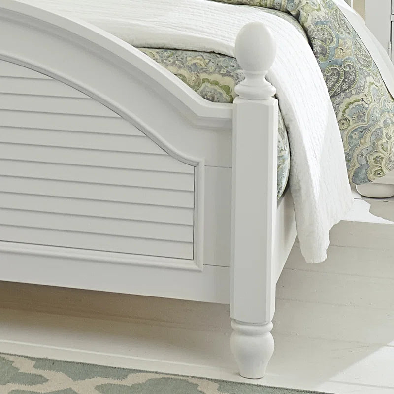 Adouer Wood "Coastal White Solid Sheesham Wood Premium Bed with Arched Headboard and Shutter Detailing"