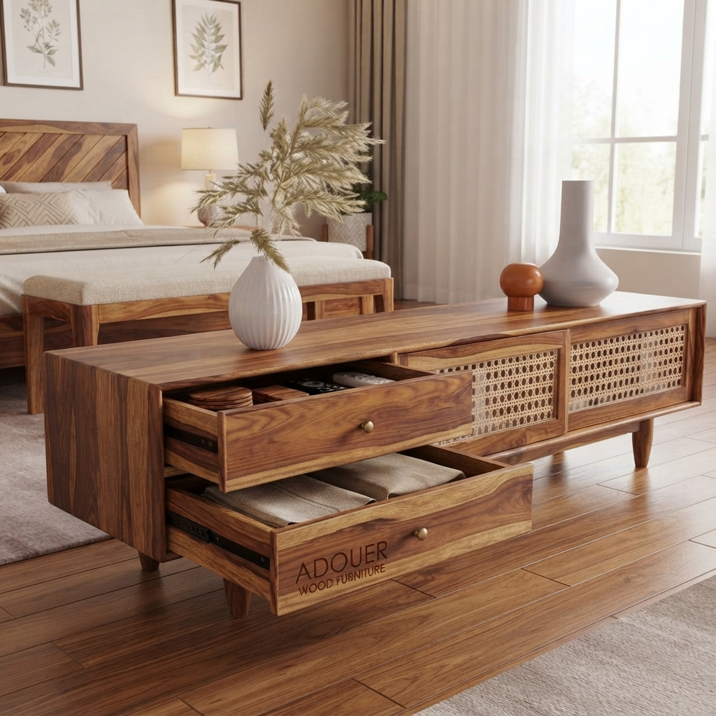 ADOUER WOOD Sheesham Wood Solid Wood Rattan TV Stand & Media Console