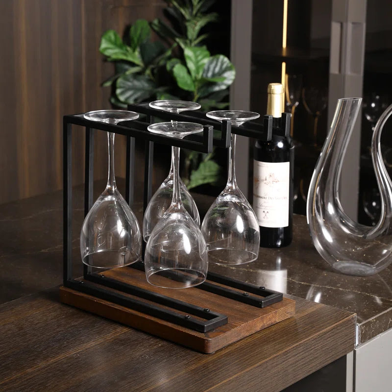 Adouer Wood "Rustic Wooden Base Wine Glass Stand with Black Metal Frame - Holds upto 6 Glasses"