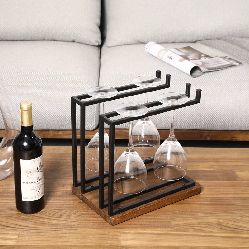Adouer Wood "Rustic Wooden Base Wine Glass Stand with Black Metal Frame - Holds upto 6 Glasses"