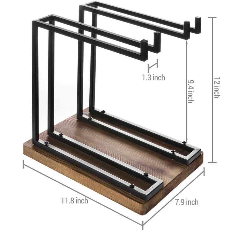 Adouer Wood "Rustic Wooden Base Wine Glass Stand with Black Metal Frame - Holds upto 6 Glasses"