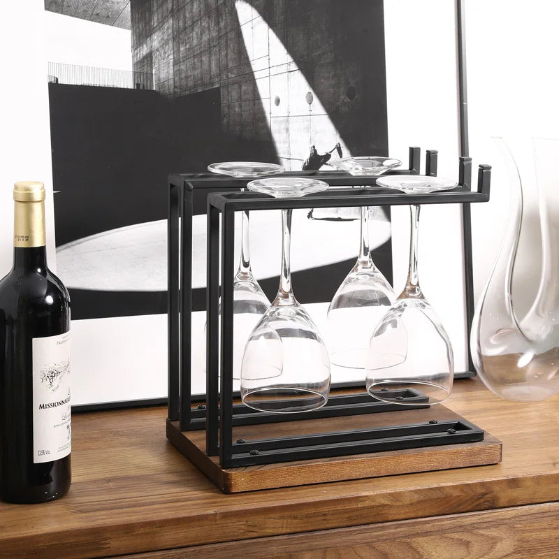 Adouer Wood "Rustic Wooden Base Wine Glass Stand with Black Metal Frame - Holds upto 6 Glasses"