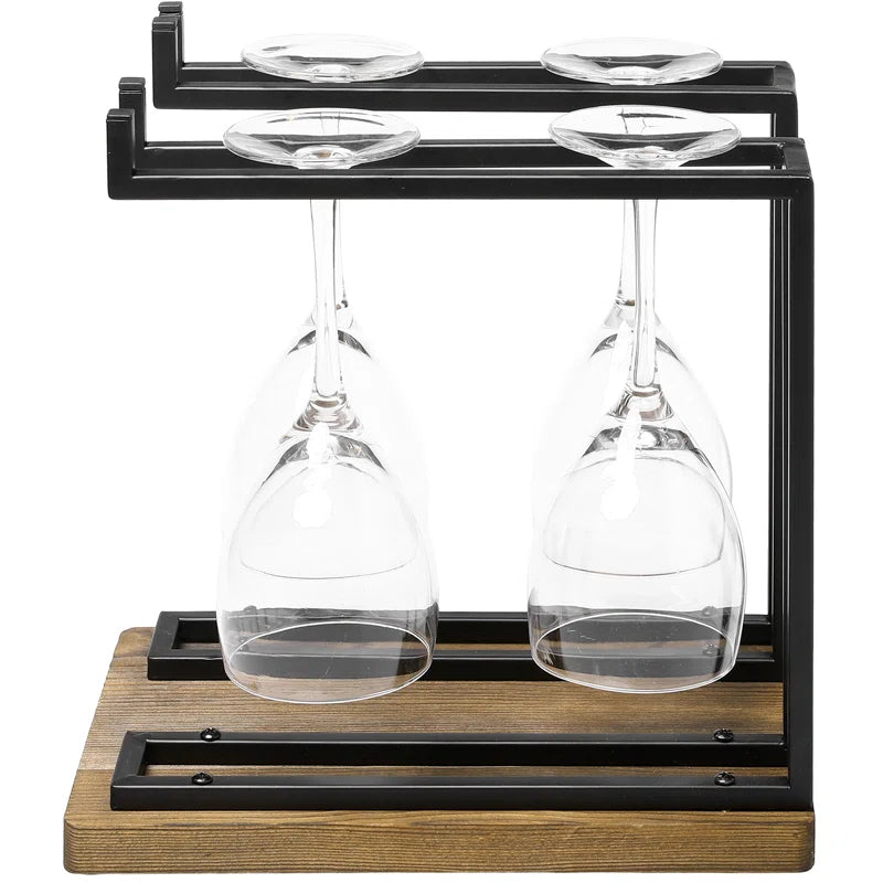 Adouer Wood "Rustic Wooden Base Wine Glass Stand with Black Metal Frame - Holds upto 6 Glasses"
