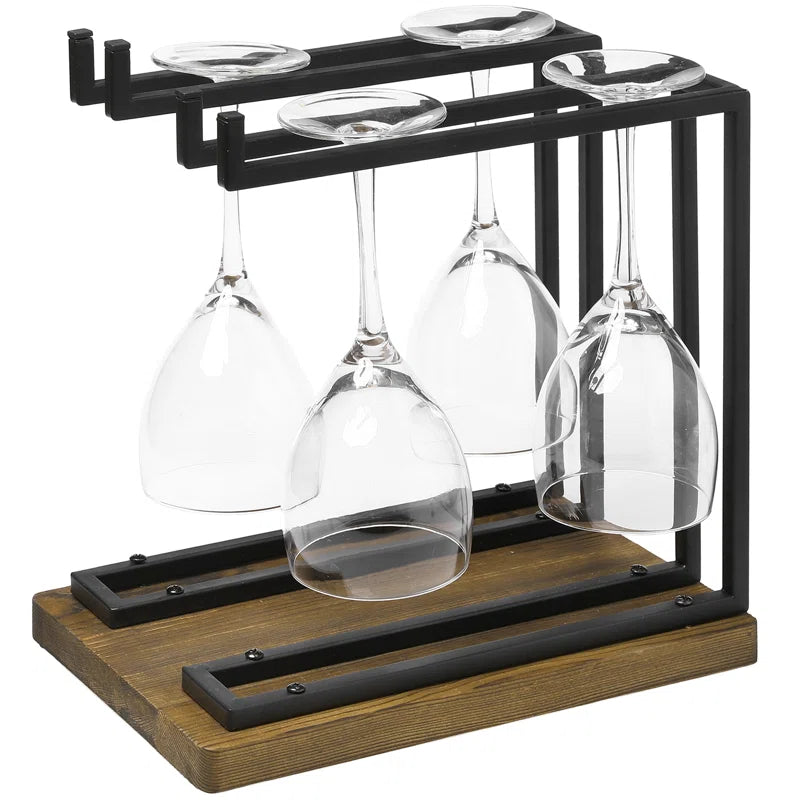 Adouer Wood "Rustic Wooden Base Wine Glass Stand with Black Metal Frame - Holds upto 6 Glasses"