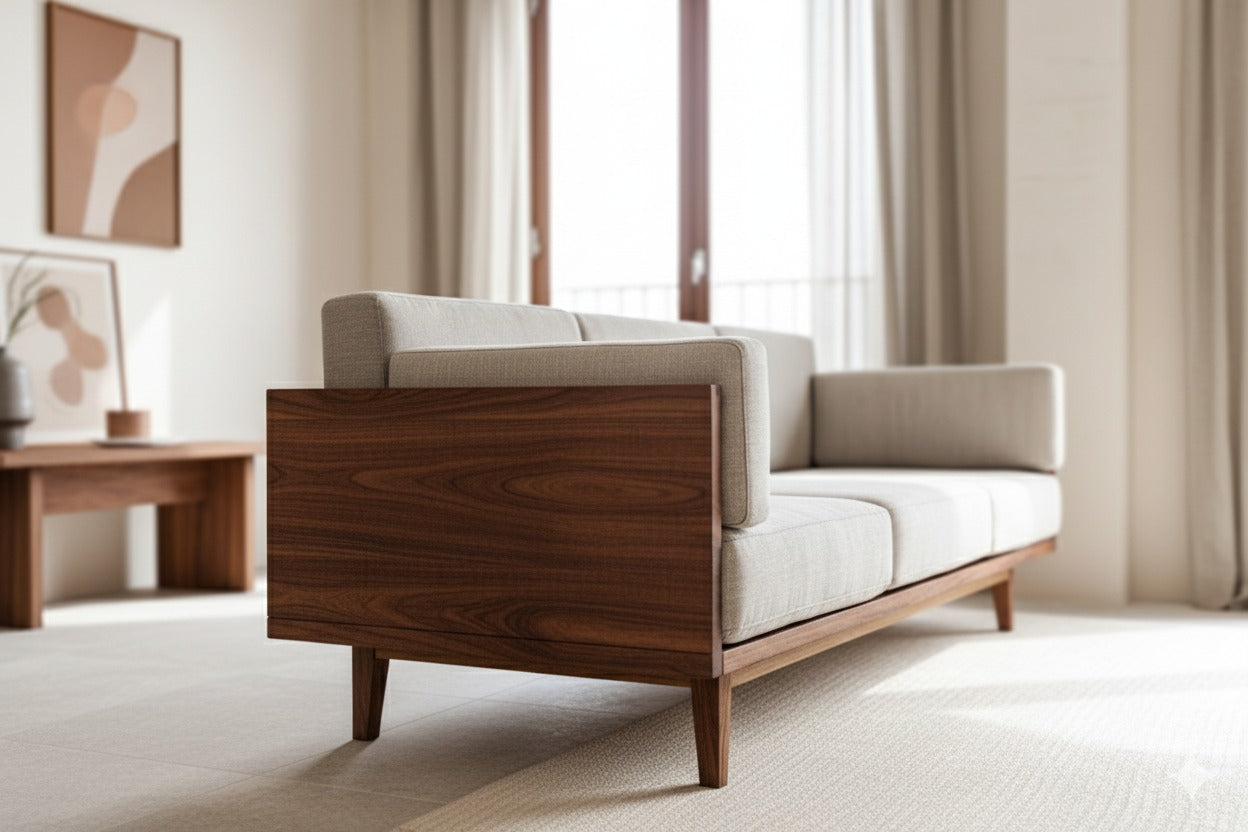 Sheesham Wood 3-Seater Sofa with Cotton Upholstery - Walnut Finish
