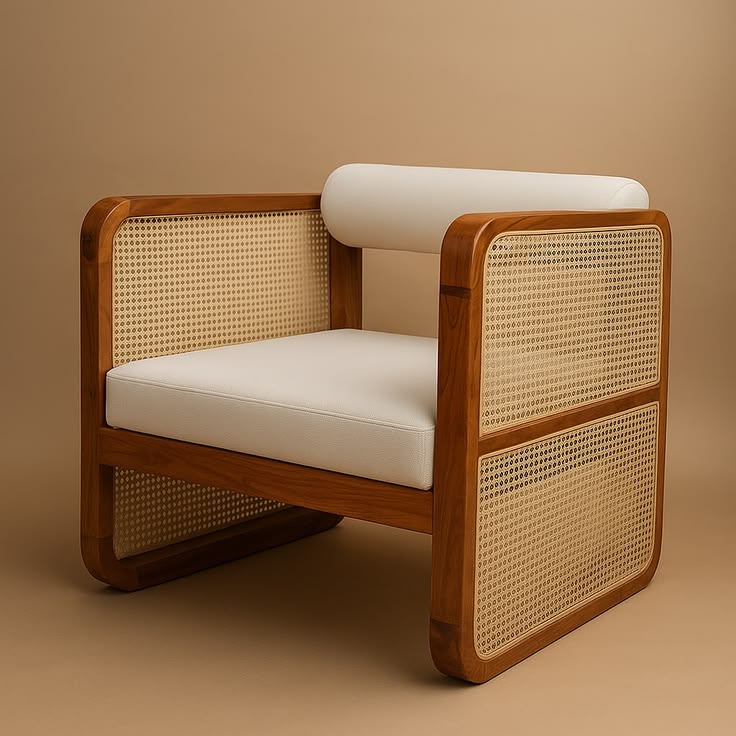 ADOUER WOOD Mid-Century Modern Cane Armchair Cum Sofa – Solid Wood Frame with White Bolster Back Accent