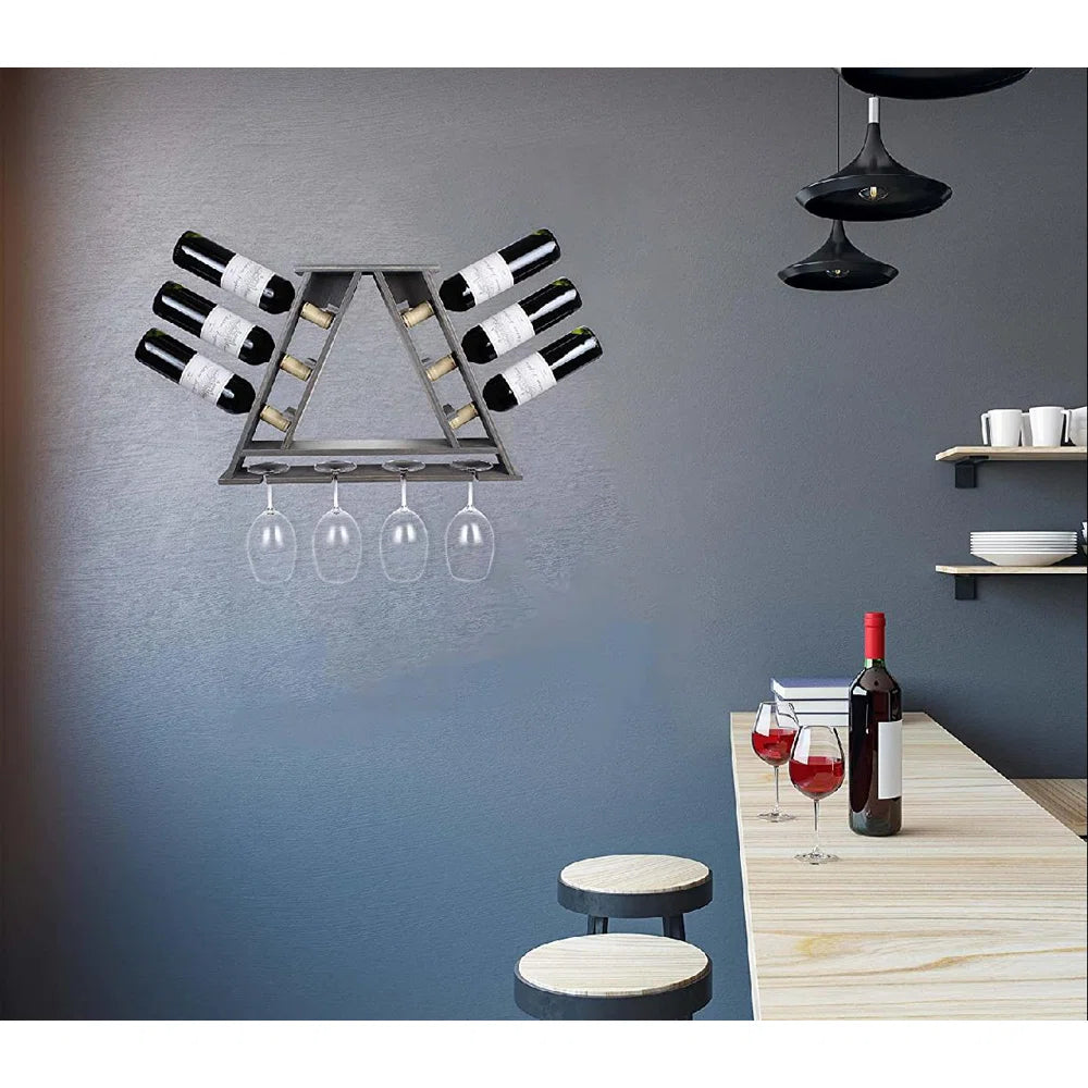 Adouer Wood "Solid Sheesham Wood Pyramid Wine Rack and Glass Holder for 6 Bottles and 4 Glasses"