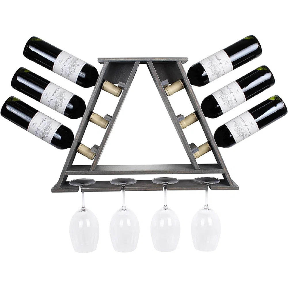 Adouer Wood "Solid Sheesham Wood Pyramid Wine Rack and Glass Holder for 6 Bottles and 4 Glasses"