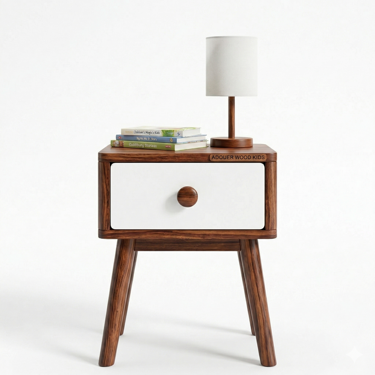 Wooden nightstand with a white drawer and lamp on a white background