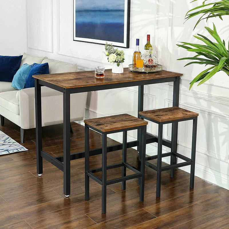 Adouer Wood "Rustic Brown and Black Bar Table Set with Two Matching Stools"