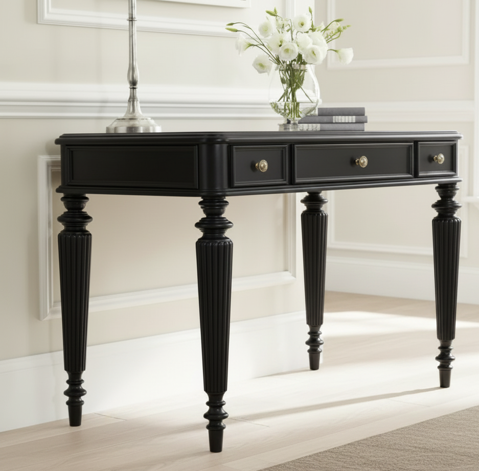 Adouer Wood "PU Finish Solid Wood Writing Desk – 42'' Classic Carved Desk with Fluted Legs and Rich White / Pink / Black