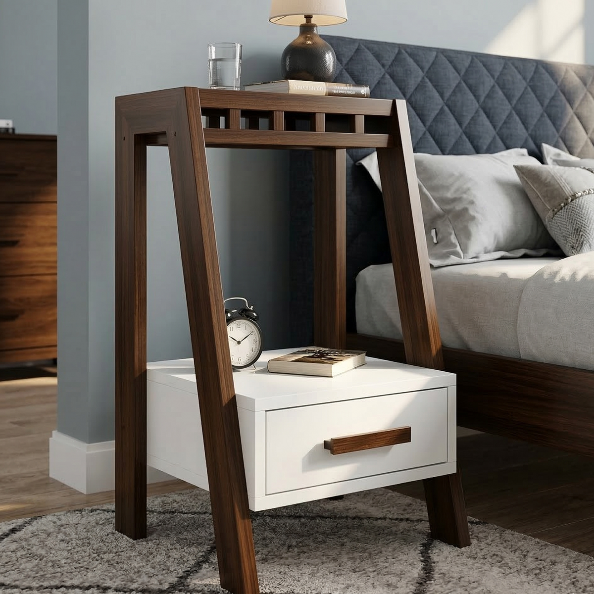 Wooden nightstand with white drawer next to a bed with gray bedding.