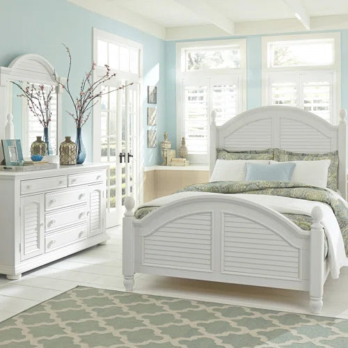 Adouer Wood "Coastal White Solid Sheesham Wood Premium Bed with Arched Headboard and Shutter Detailing"