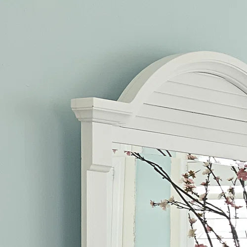Adouer Wood "Coastal White Solid Sheesham Wood Premium Bed with Arched Headboard and Shutter Detailing"