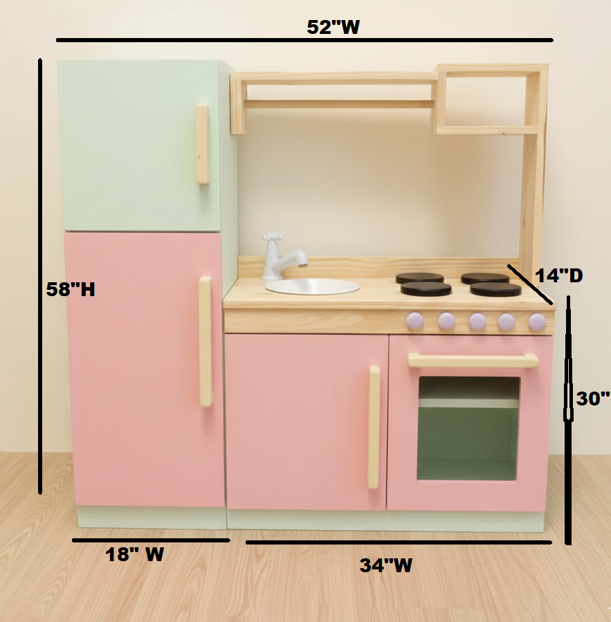 Premium Wooden Kids Play Kitchen Set – All-in-One Toy Kitchen with Fridge, Oven, Sink & Stove – Pastel Pink & Natural Wood Montessori Toy