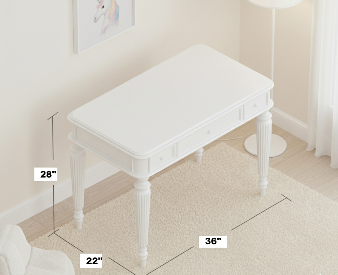 KIDS "PU Finish Solid Wood Writing Desk – 36'' Classic Carved Desk with Fluted Legs and Rich White / Pink - Kids Furniture