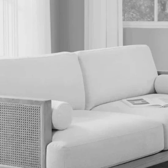 ADOUER WOOD "Mid-Century Solid Wood Cane Sofa with Cream Upholstery – Handcrafted 3-Seater for Home, Office & Hotel Lounge"