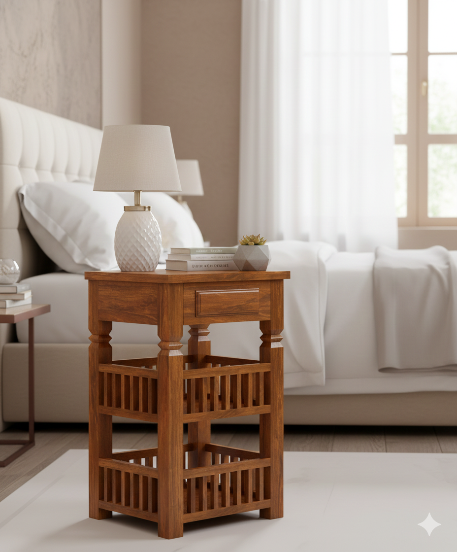 Sheesham 2-Tier Bed Side Table , Narrow End Side Table, Space-Saving Slim Night Stand with Shelf and Drawer Storage