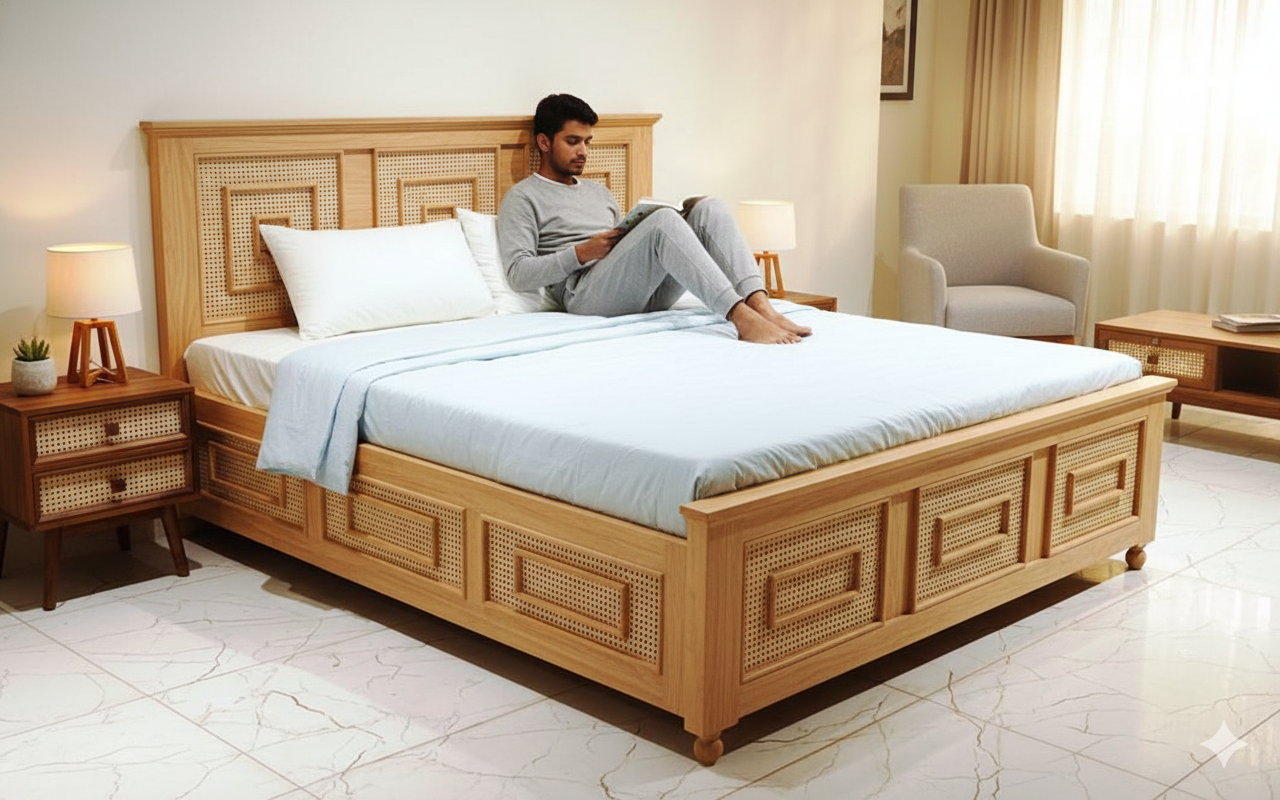 The Heritage Geometric Solid Sheesham Wood Bed with Rattan Cane Inlay with Integrated Box Storage