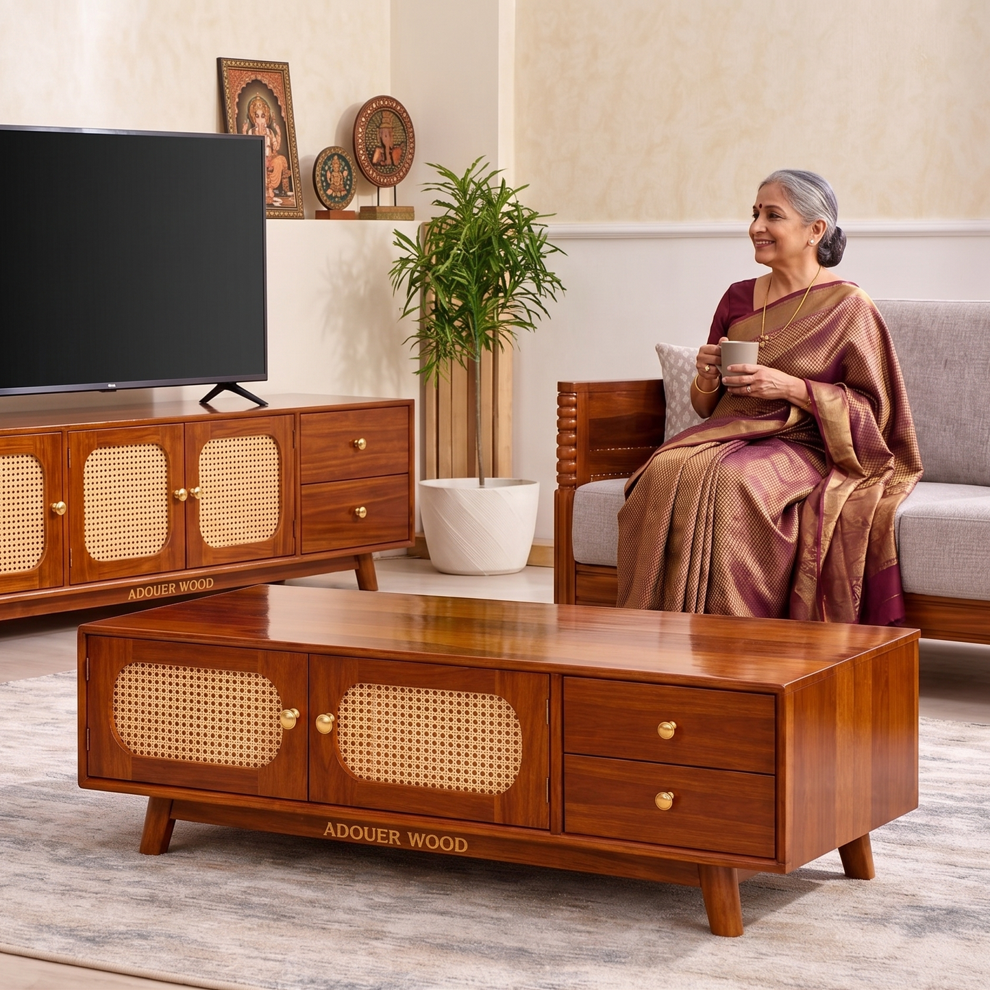 Adouer Wood Solid Sheesham Coffee Table with Cane Storage & Drawers