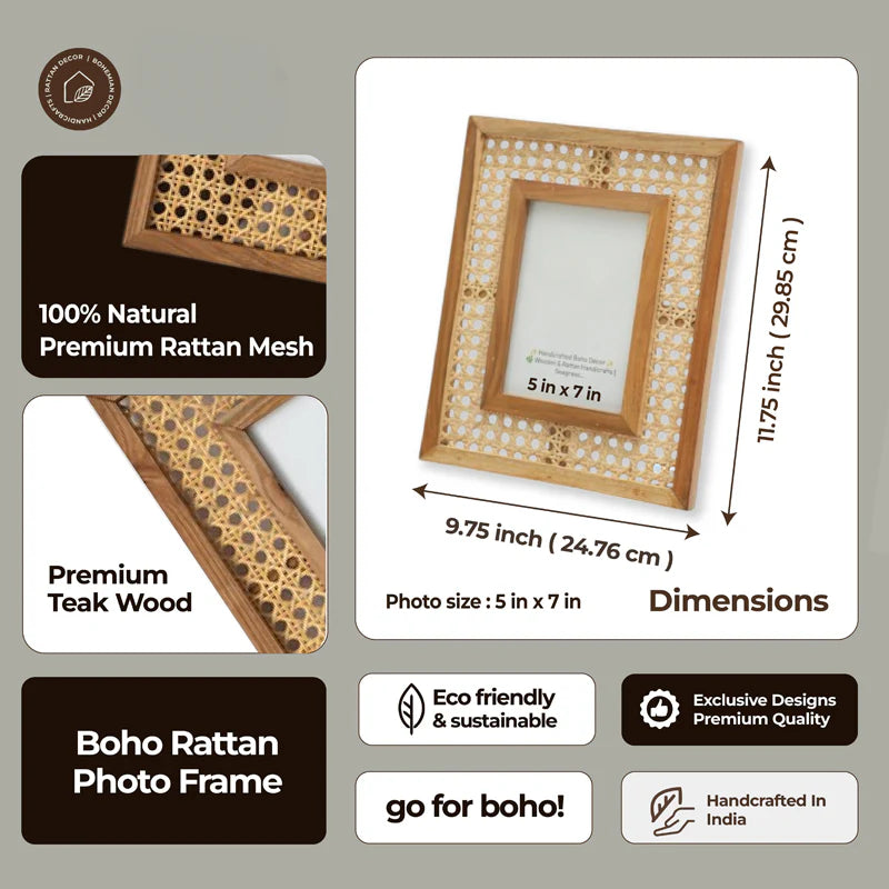 rattan photo frame with dimensions and material details on a gray background