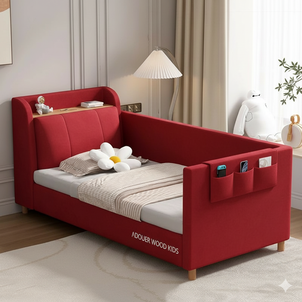 ADOUER WOOD KIDS Upholstered Baby Cot – Modern Padded Toddler Bed with Built-in Headboard Bookshelf and Side Storage Pockets