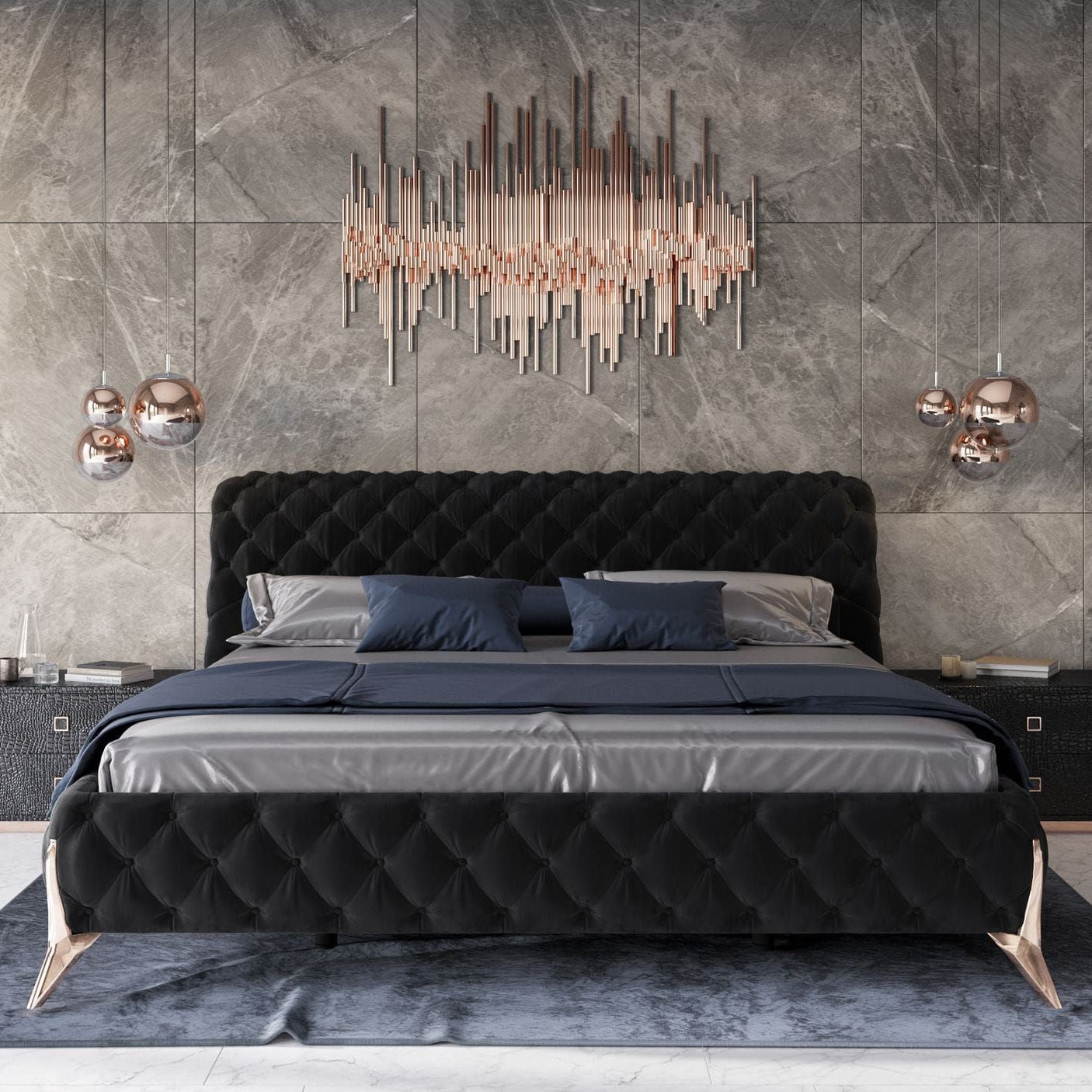 Adouer Wood "Modern Tufted Velvet Upholstered Bed with Gold Legs – Luxurious and Elegant Design"
