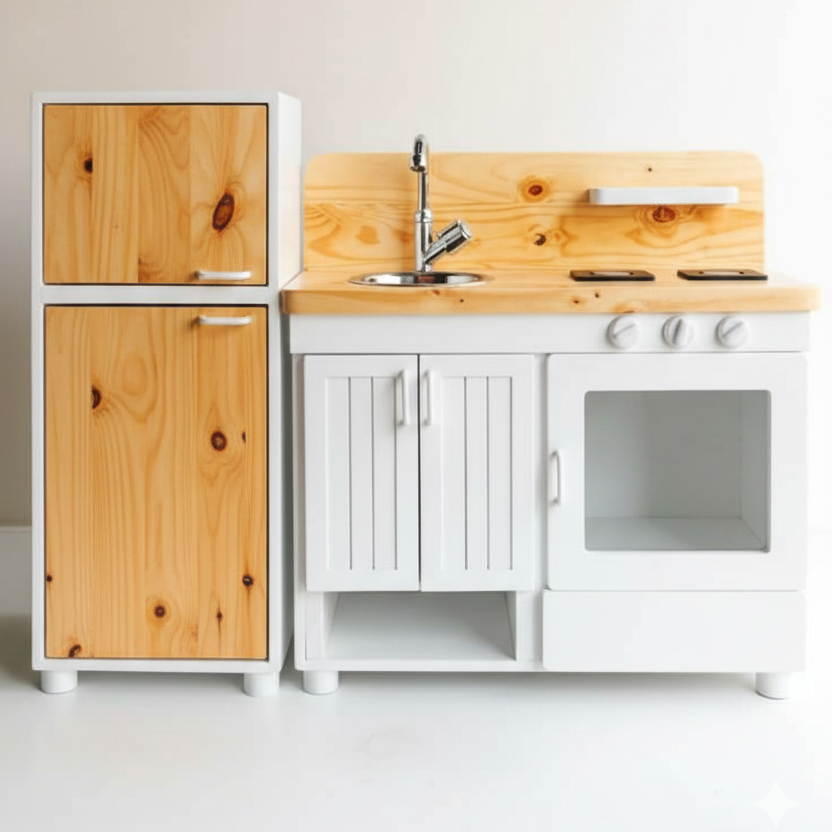 ADOUER WOOD Handcrafted Wooden Play Kitchen for Toddlers – Natural & White Montessori Toy Kitchen with Fridge, Oven, and Sink