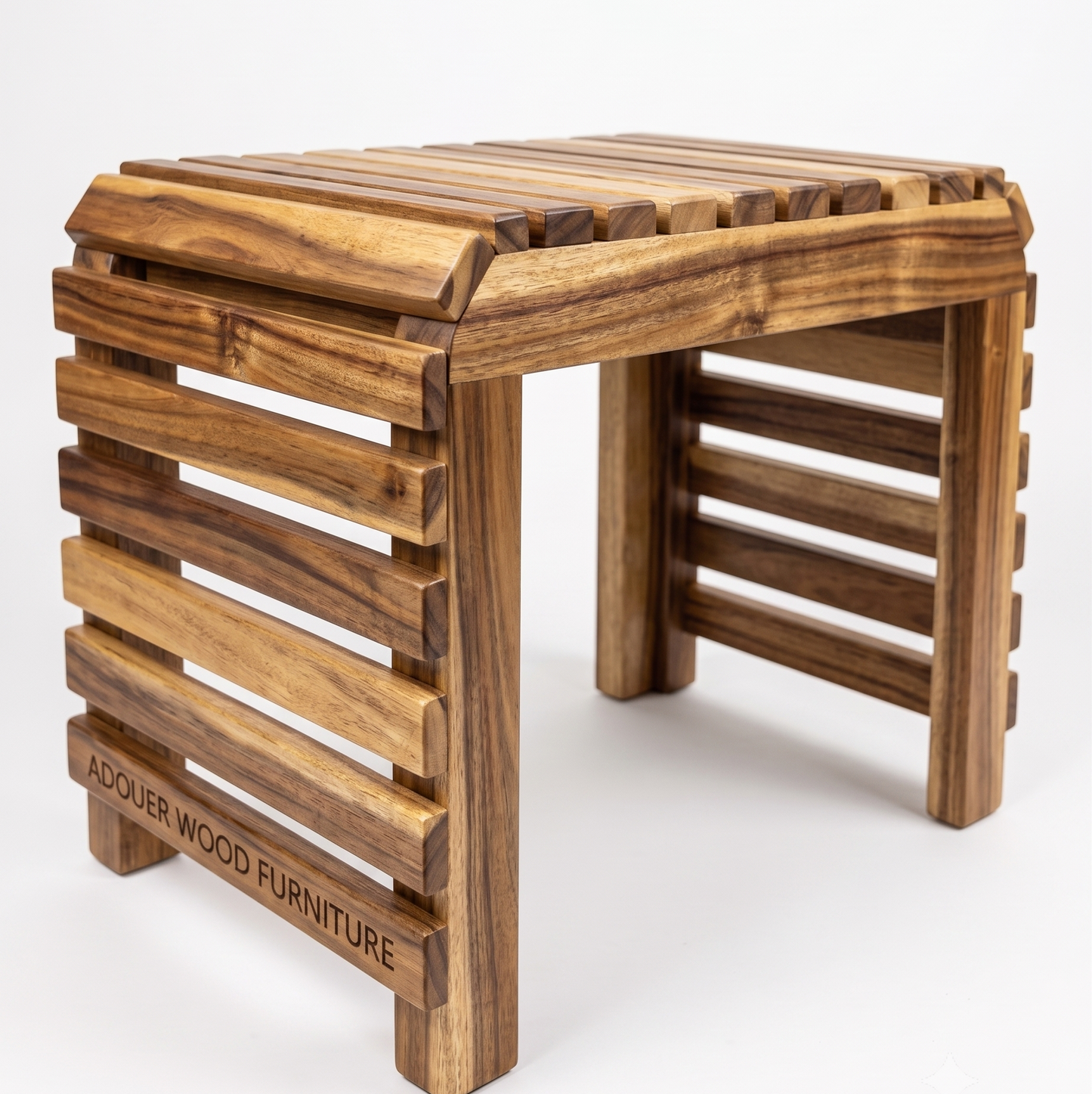A wooden folding stool with a slatted seat, made from dark brown wood with lighter natural wood accents. The brand name 'ADOUER WOOD FURNITURE' is engraved on the front left leg.