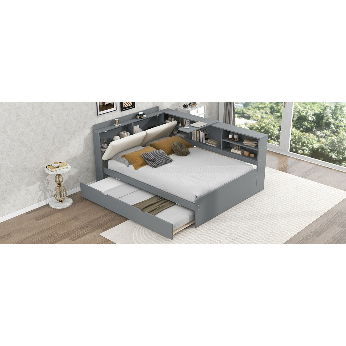 Modern Solid Wood Trundle Bed with Built-In Bookshelf Headboard & Pull-Out Storage Bed