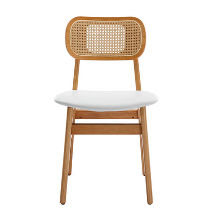 ADOUER WOOD Natural Wood Finish Dining Table with 6 Upholstered Chairs featuring Breathable Cane Backrests