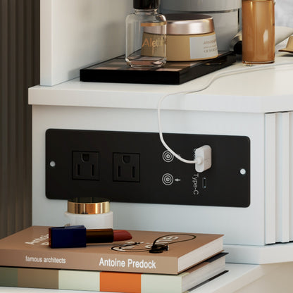 Nordic Solid Wood Corner Makeup Vanity Set with Lighted Mirror and Fluted White Finish