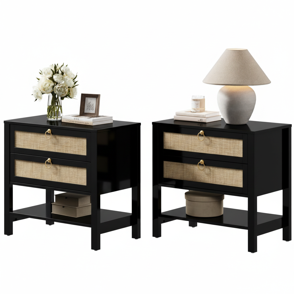 ADOUER WOOD Modern Nightstand with 2 Drawers Natural Rattan Inlay & Gold Hardware – Contemporary Bedside Table with Open Storage Shelf