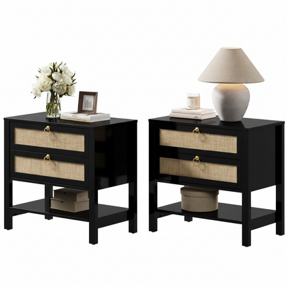 ADOUER WOOD Modern Nightstand with 2 Drawers Natural Rattan Inlay & Gold Hardware – Contemporary Bedside Table with Open Storage Shelf