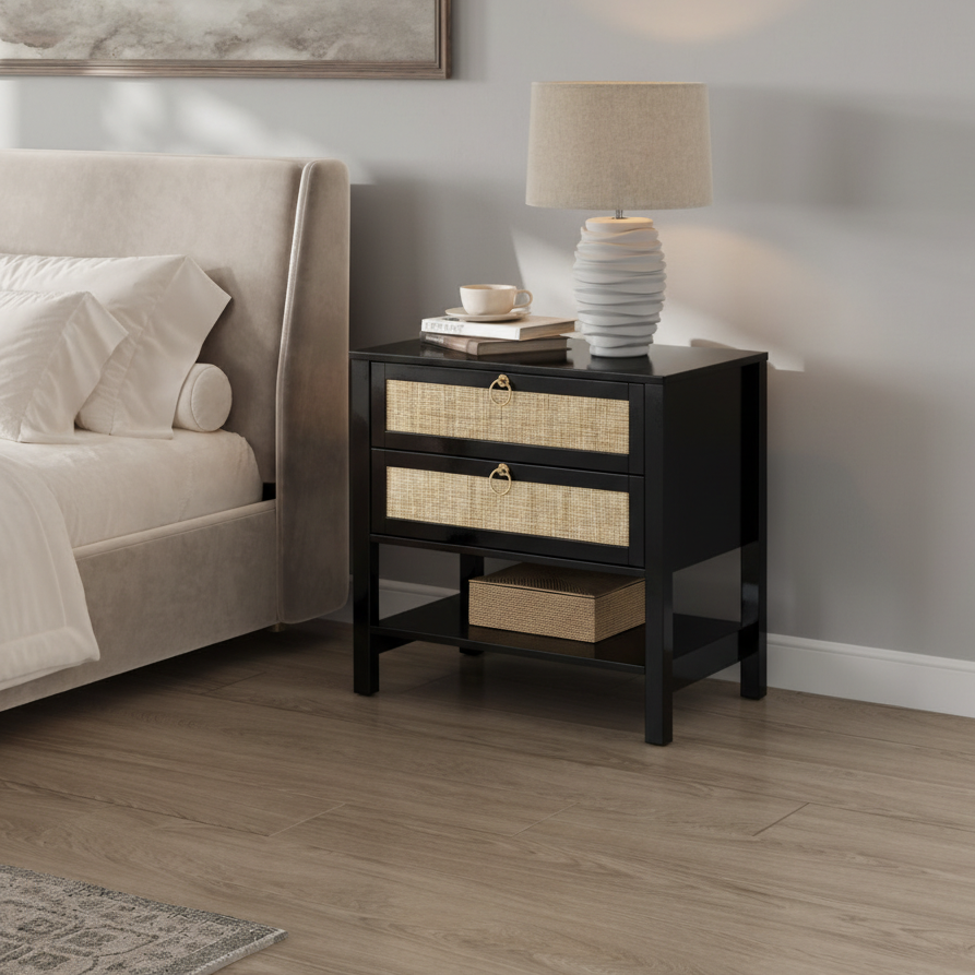 ADOUER WOOD Modern Nightstand with 2 Drawers Natural Rattan Inlay & Gold Hardware – Contemporary Bedside Table with Open Storage Shelf
