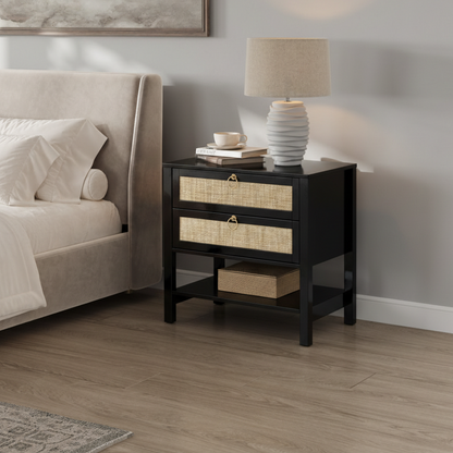 ADOUER WOOD Modern Nightstand with 2 Drawers Natural Rattan Inlay & Gold Hardware – Contemporary Bedside Table with Open Storage Shelf