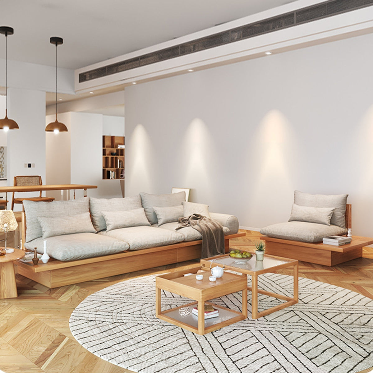 Japanese Style Platform Sofa with Acacia Wood Base and Cotton Fabric