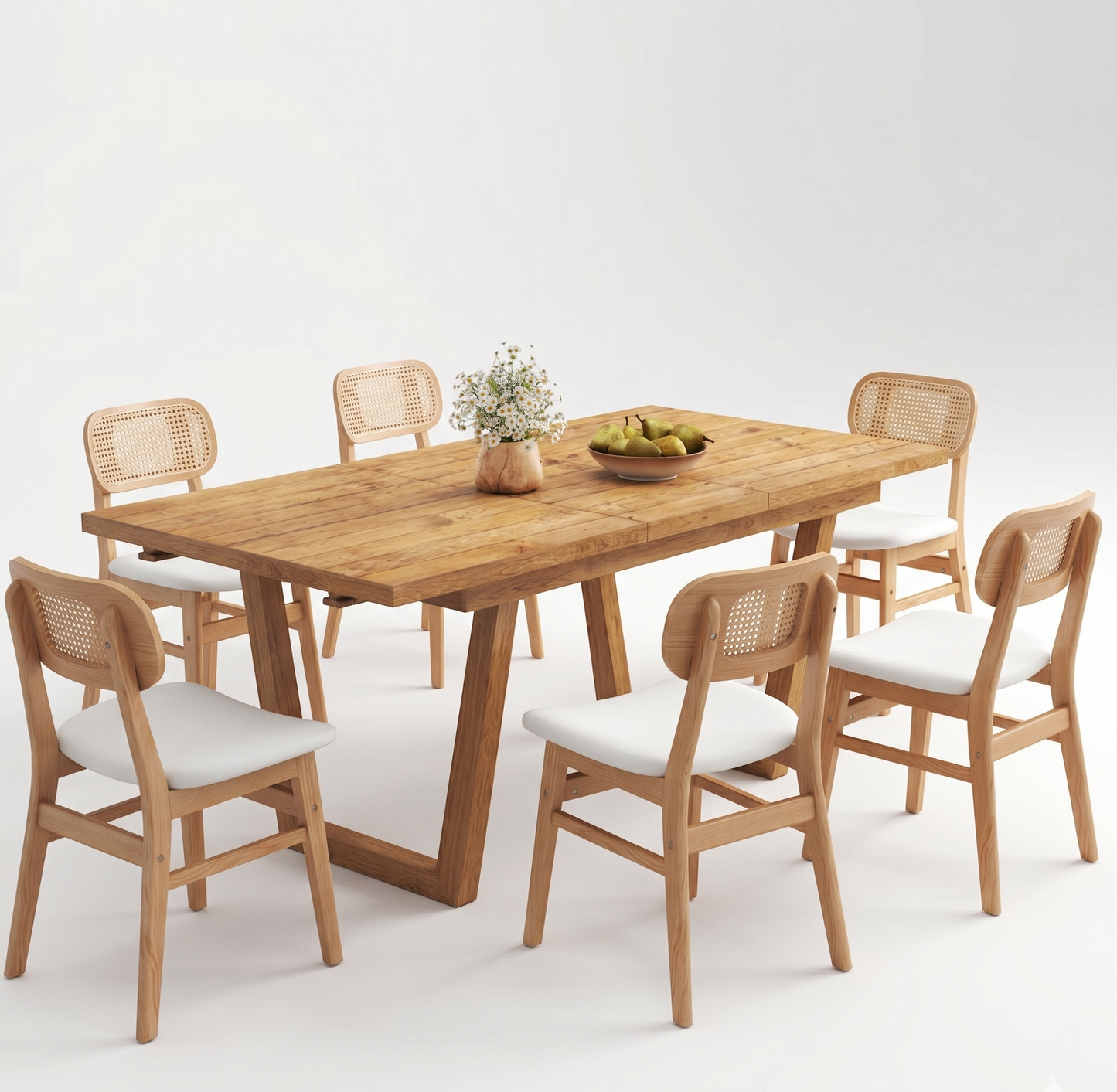 ADOUER WOOD Natural Wood Finish Dining Table with 6 Upholstered Chairs featuring Breathable Cane Backrests