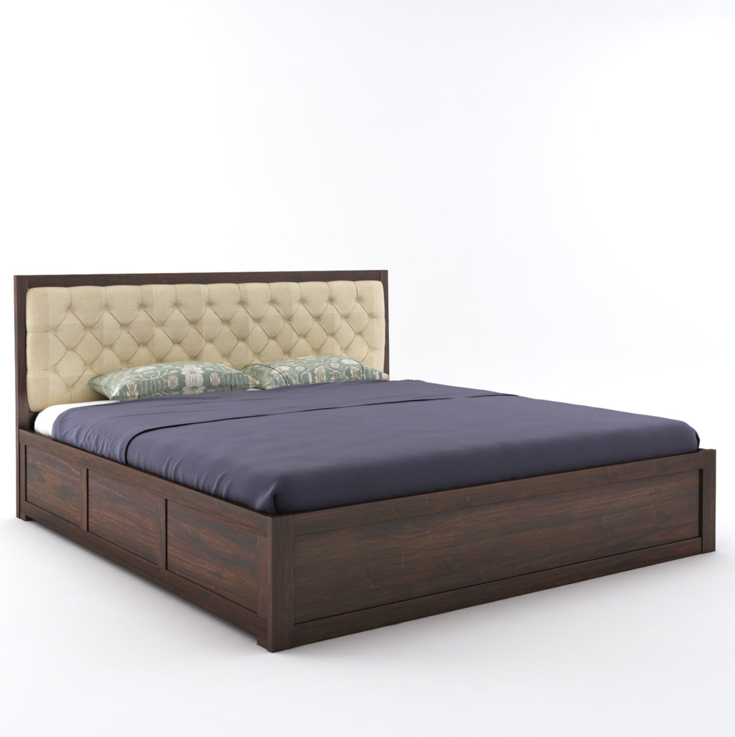 ADOUER WOOD Solid Sheesham Wood Standard Bed With Box Storage–Natural Honey Finish