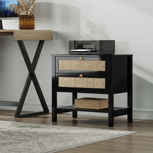 ADOUER WOOD Modern Nightstand with 2 Drawers Natural Rattan Inlay & Gold Hardware – Contemporary Bedside Table with Open Storage Shelf