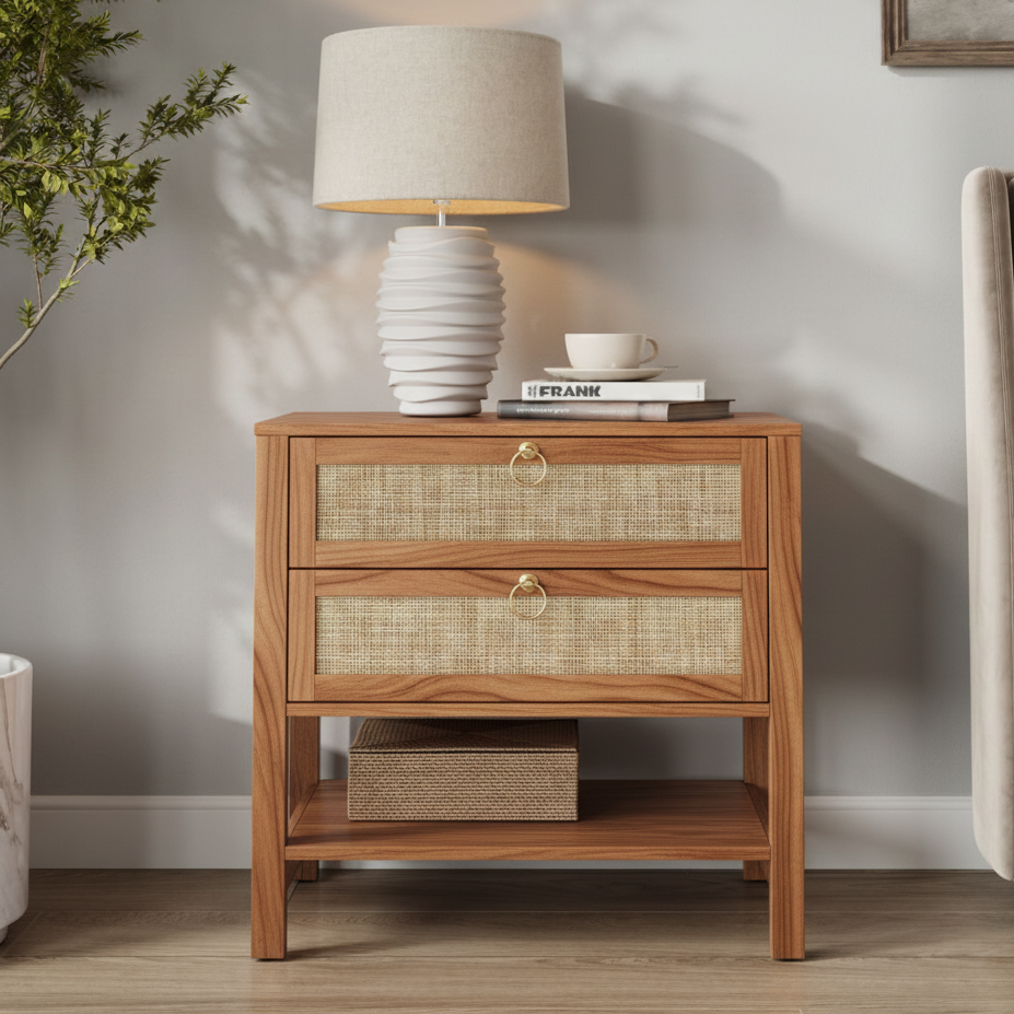ADOUER WOOD Modern Nightstand with 2 Drawers Natural Rattan Inlay & Gold Hardware – Contemporary Bedside Table with Open Storage Shelf