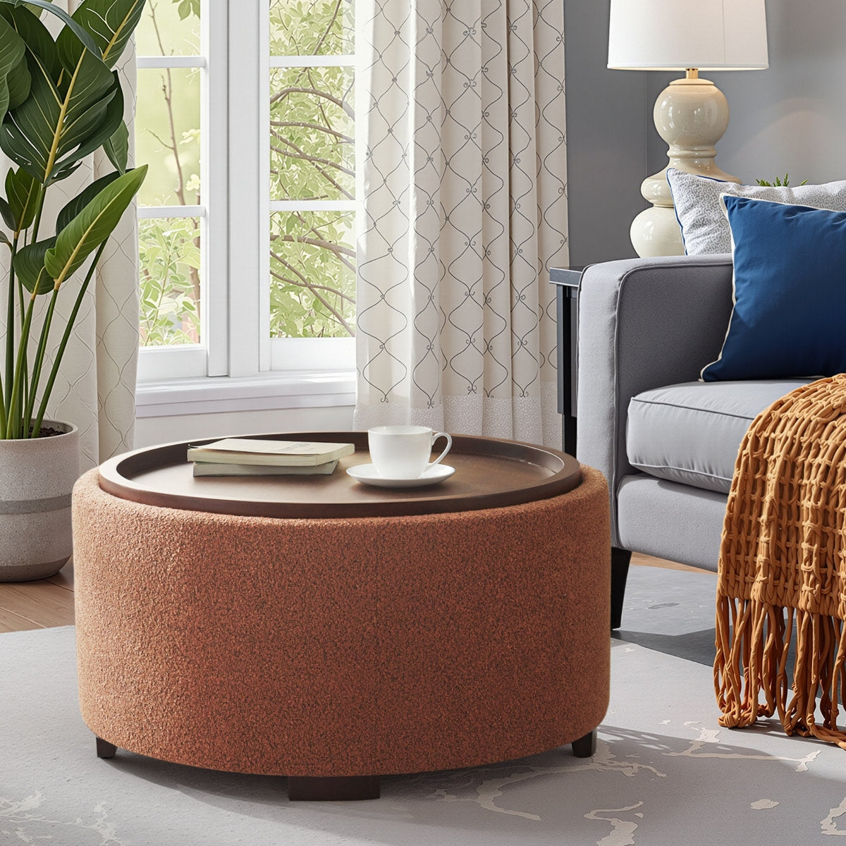 Round Boucle Storage Ottoman with Removable Acacia Wood Tray Table