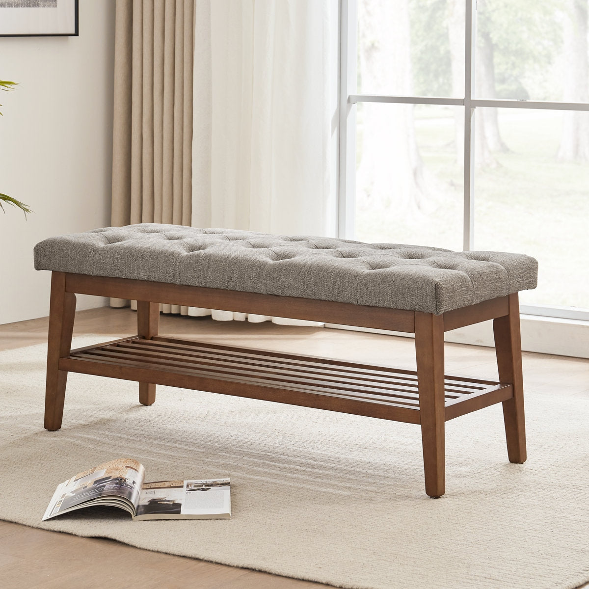 Zen-Inspired Solid Wood Upholstered Bench with Seamless Storage Compartment