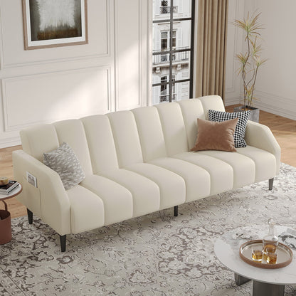 Sheesham Wood and Leather Channel-Panel Sofa - Walnut Finish