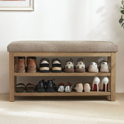 Space-Saving Solid Wood Shoe Bench with Dual Shelves and Comfortable Upholstered Seating