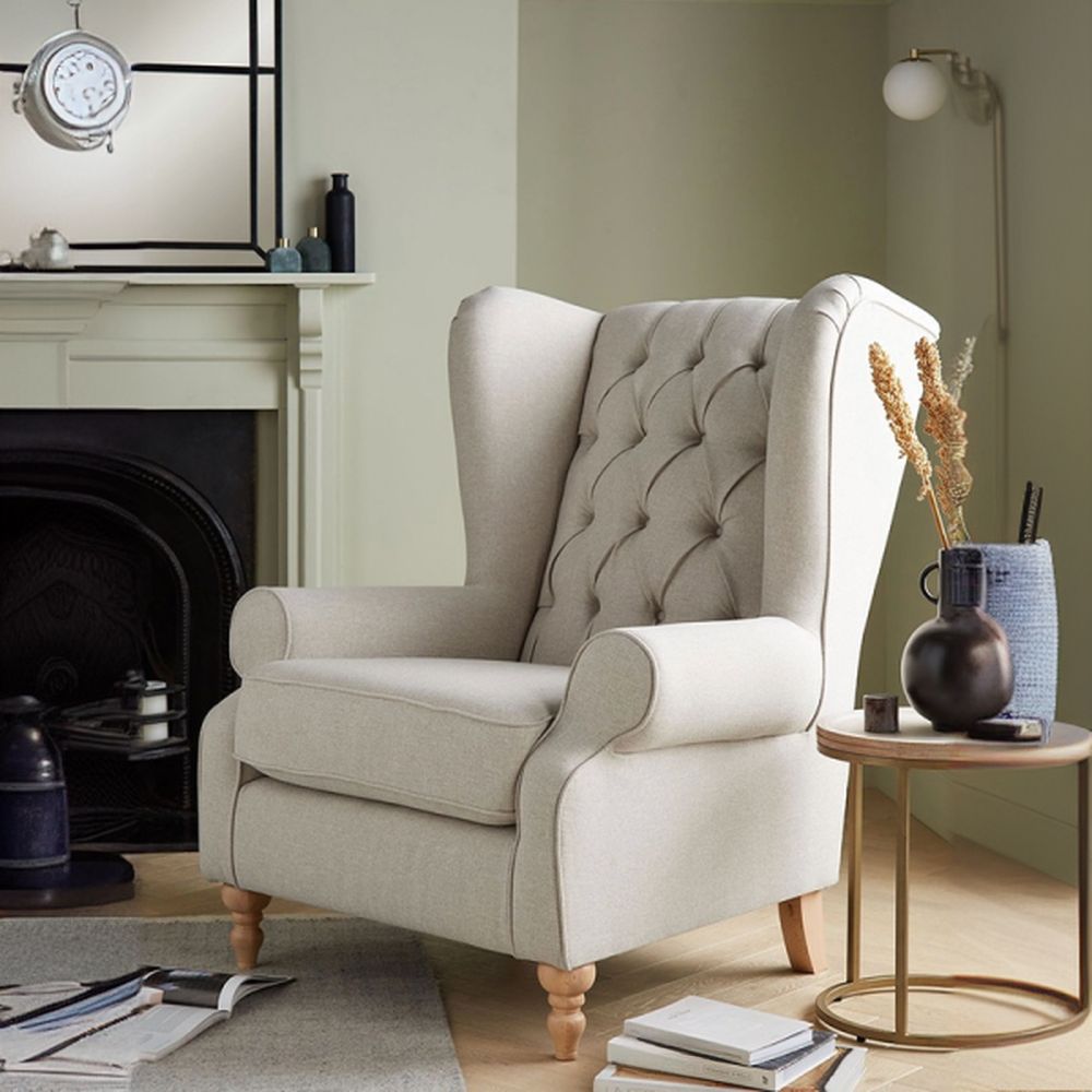 ADOUER WOOD Solid Wood Leg & Frame With Cotton Fabric Wingback Chair