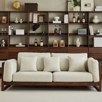 Adouer Wood Handcrafted Sheesham Wooden 3-Seater Sofa with Comfortable Cotton Fabric – Modern Living Room Furniture-Light Beige