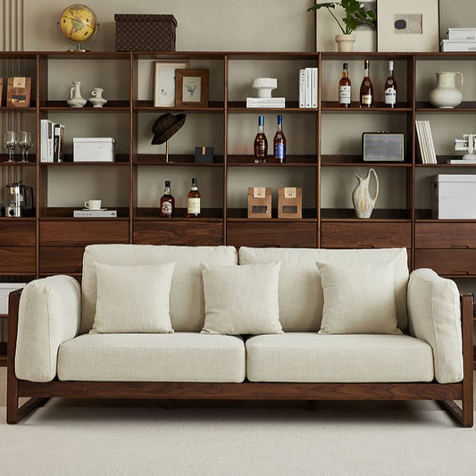 Adouer Wood Handcrafted Sheesham Wooden 3-Seater Sofa with Comfortable Cotton Fabric – Modern Living Room Furniture-Light Beige