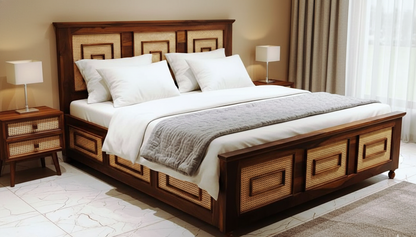 The Heritage Geometric Solid Sheesham Wood  Bed with Rattan Cane Inlay with Integrated Box Storage