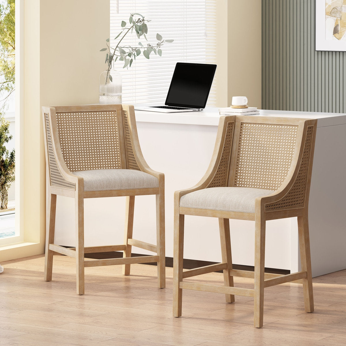 Solid Wood Counter Height Stools with Natural Rattan Backrest and Premium Upholstered Cushioning – Set of 2